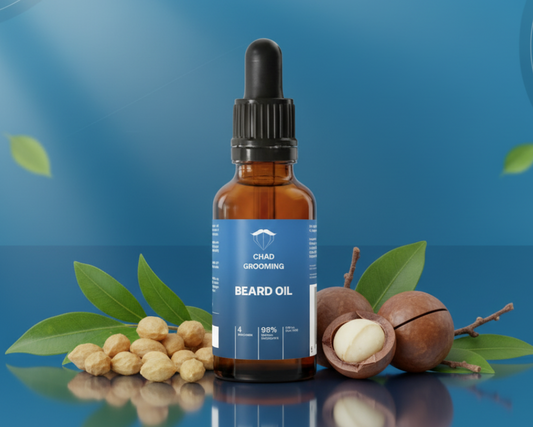Chad Grooming Beard Oil with blue background and natural ingredients