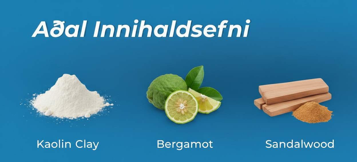 Aðal Innihaldsefni – Kaolin Clay, Bergamot, Sandalwood