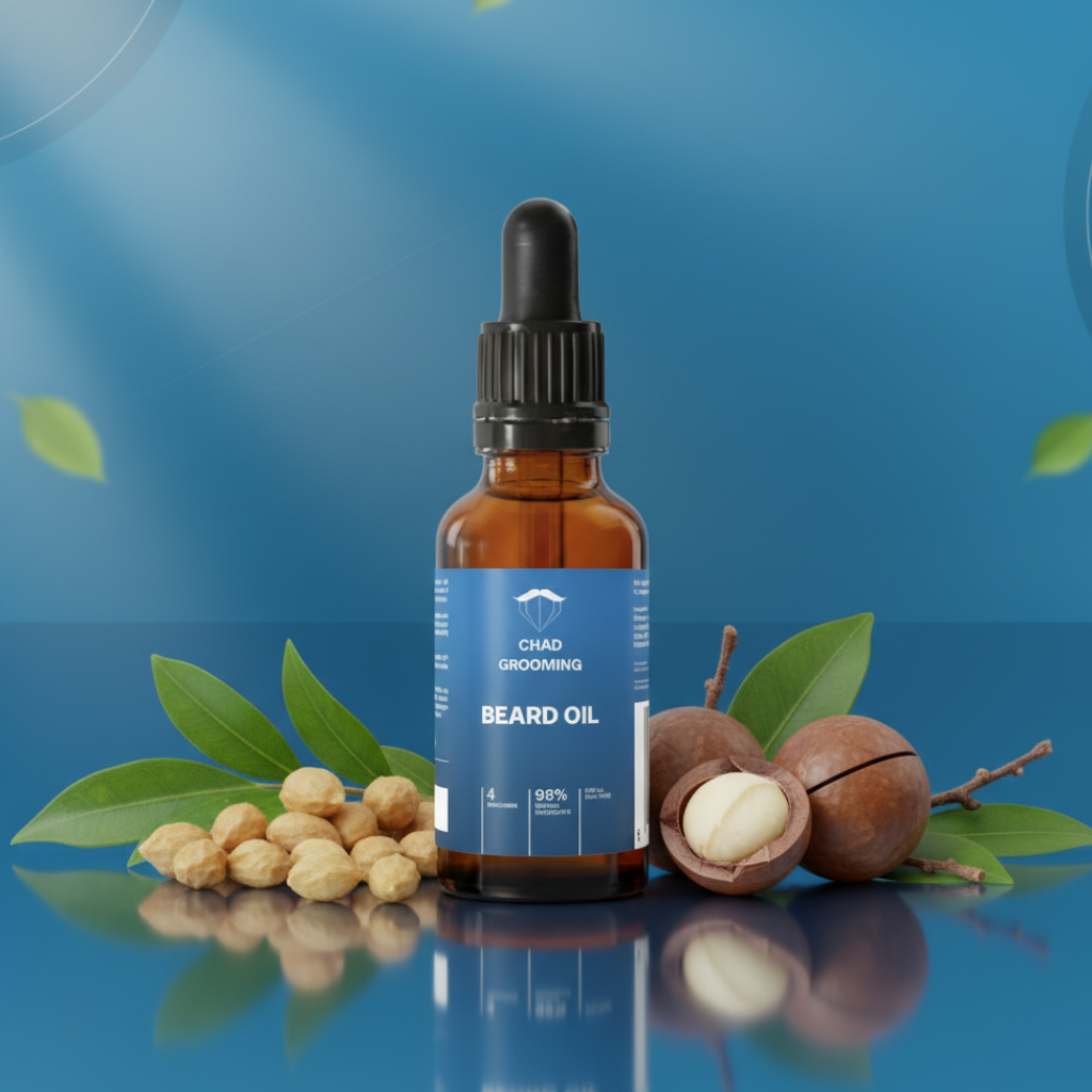 Chad Grooming Beard Oil with blue background and natural ingredients